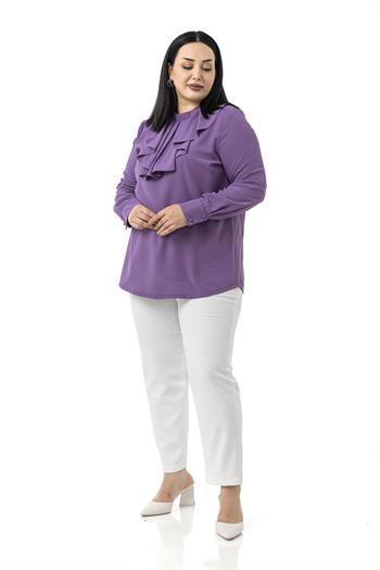 Büyük Beden Yakası Tek Kat Volanlı Manşetli Lila Bluz