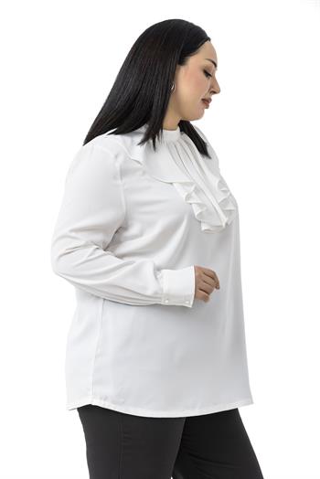 Büyük Beden Yakası Tek Kat Volanlı Manşetli Beyaz Bluz