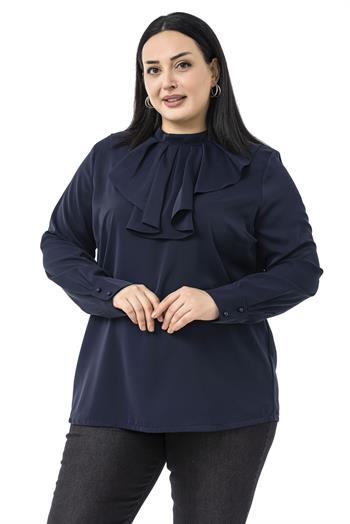 Büyük Beden Yakası Tek Kat Volanlı Manşetli Lacivert Bluz