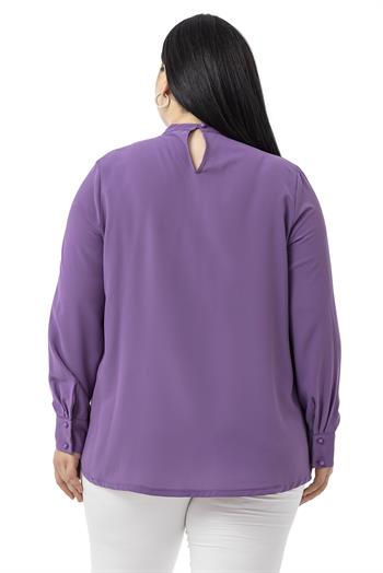 Büyük Beden Yakası Tek Kat Volanlı Manşetli Lila Bluz