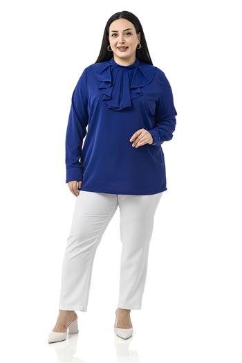 Büyük Beden Yakası Tek Kat Volanlı Manşetli Saks Mavi Bluz
