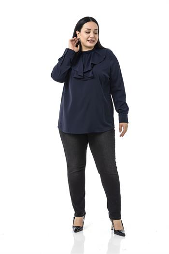 Büyük Beden Yakası Tek Kat Volanlı Manşetli Lacivert Bluz