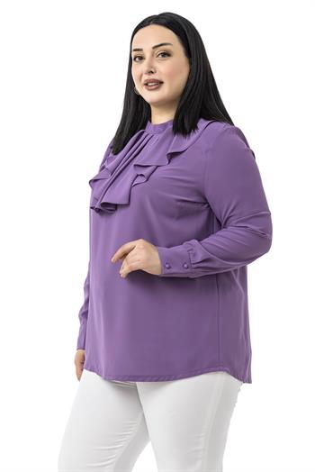 Büyük Beden Yakası Tek Kat Volanlı Manşetli Lila Bluz