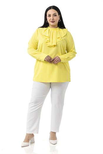 Büyük Beden Yakası Tek Kat Volanlı Manşetli Sarı Bluz
