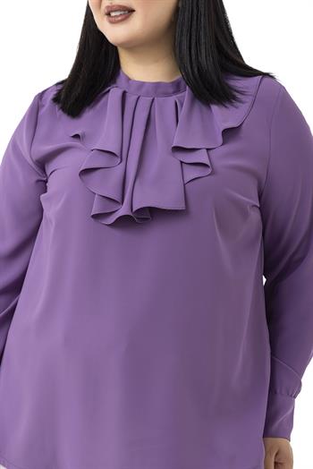 Büyük Beden Yakası Tek Kat Volanlı Manşetli Lila Bluz