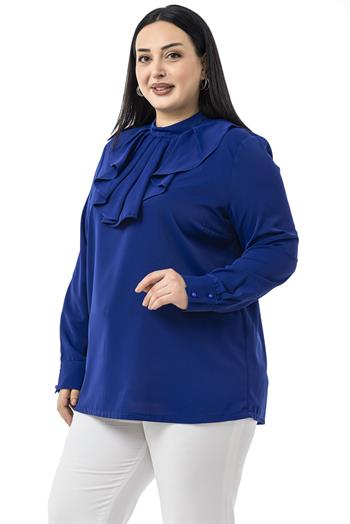 Büyük Beden Yakası Tek Kat Volanlı Manşetli Saks Mavi Bluz