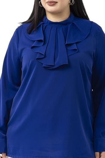 Büyük Beden Yakası Tek Kat Volanlı Manşetli Saks Mavi Bluz