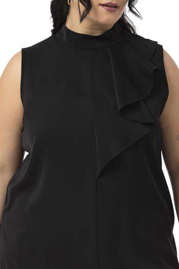 Büyük Beden Yarım Dik Yaka Asimetrik Volanlı Kolsuz Siyah Bluz