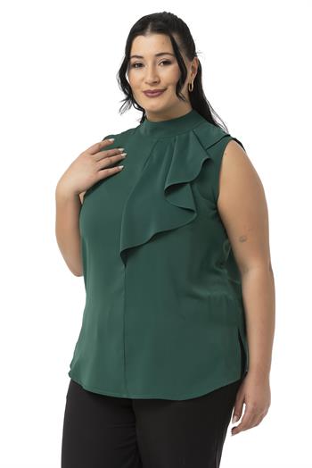 Büyük Beden Yarım Dik Yaka Asimetrik Volanlı Kolsuz Zümrüt Yeşili Bluz