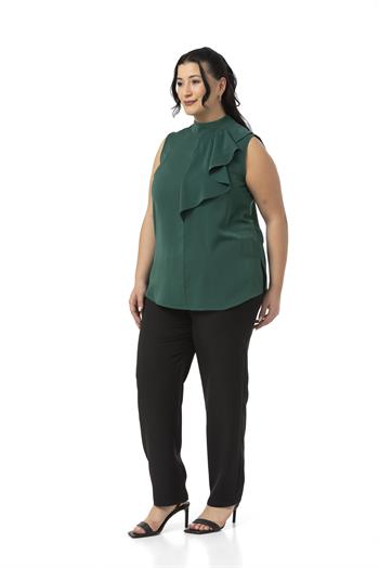 Büyük Beden Yarım Dik Yaka Asimetrik Volanlı Kolsuz Zümrüt Yeşili Bluz