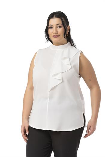 Büyük Beden Yarım Dik Yaka Asimetrik Volanlı Kolsuz Beyaz Bluz