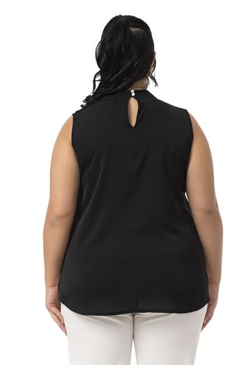 Büyük Beden Yarım Dik Yaka Asimetrik Volanlı Kolsuz Siyah Bluz
