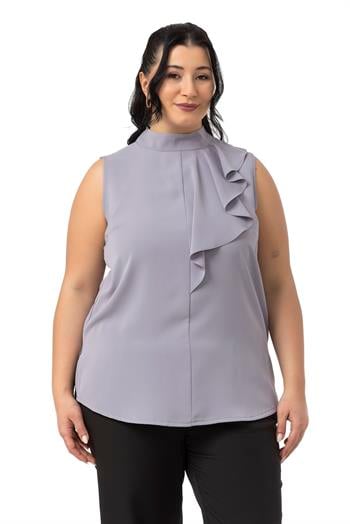 Büyük Beden Yarım Dik Yaka Asimetrik Volanlı Kolsuz Gri Bluz