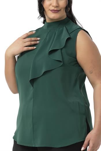 Büyük Beden Yarım Dik Yaka Asimetrik Volanlı Kolsuz Zümrüt Yeşili Bluz