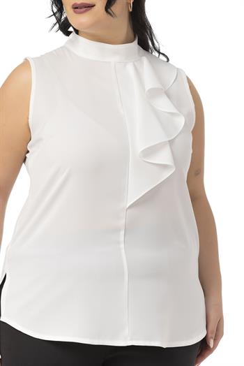 Büyük Beden Yarım Dik Yaka Asimetrik Volanlı Kolsuz Beyaz Bluz