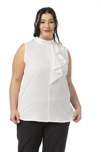 Büyük Beden Yarım Dik Yaka Asimetrik Volanlı Kolsuz Beyaz Bluz