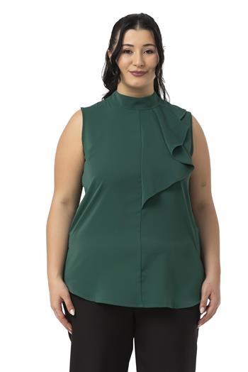 Büyük Beden Yarım Dik Yaka Asimetrik Volanlı Kolsuz Zümrüt Yeşili Bluz