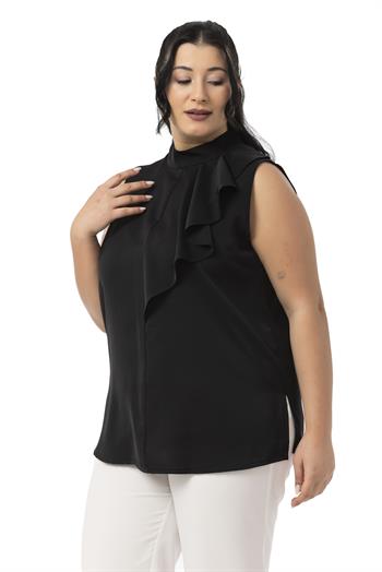 Büyük Beden Yarım Dik Yaka Asimetrik Volanlı Kolsuz Siyah Bluz