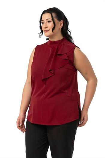 Büyük Beden Yarım Dik Yaka Asimetrik Volanlı Kolsuz Bordo Bluz