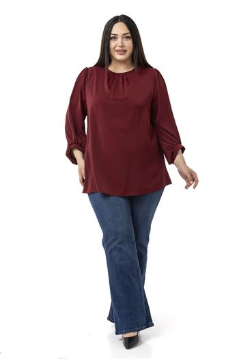 Büyük Beden Yuvarlak Yaka Truvakar Büzgülü Kollu Rahat Kesim Bordo Bluz