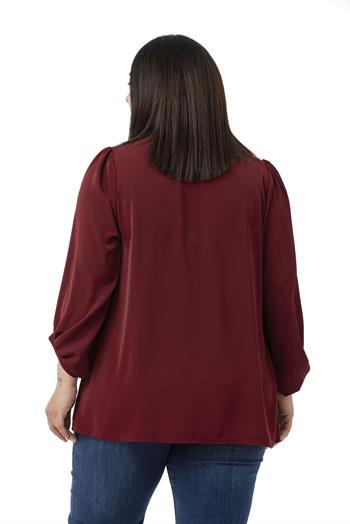 Büyük Beden Yuvarlak Yaka Truvakar Büzgülü Kollu Rahat Kesim Bordo Bluz