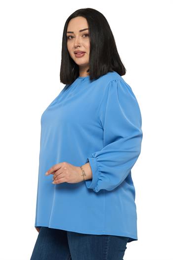 Büyük Beden Yuvarlak Yaka Truvakar Büzgülü Kollu Rahat Kesim İndigo Bluz