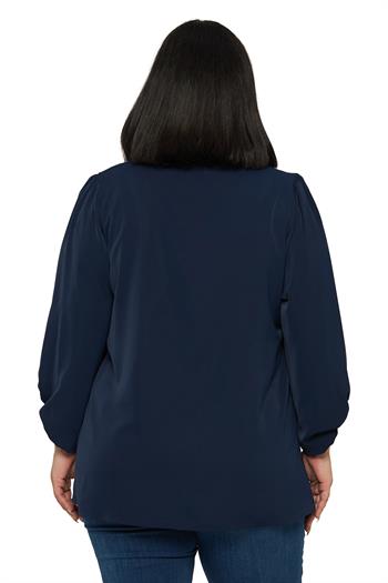 Büyük Beden Yuvarlak Yaka Truvakar Büzgülü Kollu Rahat Kesim Lacivert Bluz