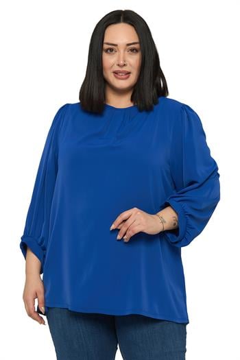Büyük Beden Yuvarlak Yaka Truvakar Büzgülü Kollu Rahat Kesim Saks Mavisi Bluz