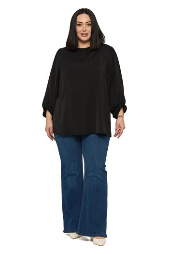 Büyük Beden Yuvarlak Yaka Truvakar Büzgülü Kollu Rahat Kesim Siyah Bluz