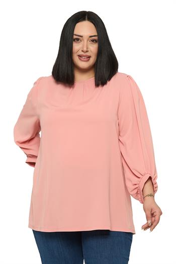 Büyük Beden Yuvarlak Yaka Truvakar Büzgülü Kollu Rahat Kesim Pudra Bluz