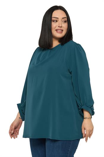 Büyük Beden Yuvarlak Yaka Truvakar Büzgülü Kollu Rahat Kesim Petrol Yeşili Bluz