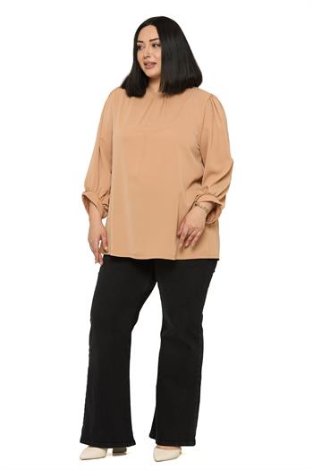 Büyük Beden Yuvarlak Yaka Truvakar Büzgülü Kollu Rahat Kesim Vizon Bluz