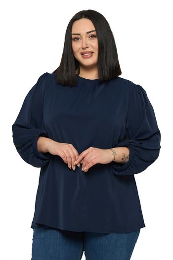 Büyük Beden Yuvarlak Yaka Truvakar Büzgülü Kollu Rahat Kesim Lacivert Bluz