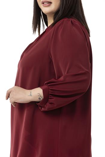 Büyük Beden Yuvarlak Yaka Truvakar Büzgülü Kollu Rahat Kesim Bordo Bluz