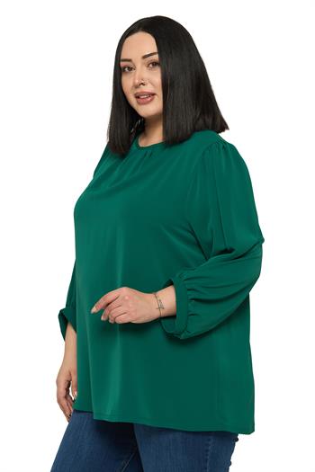 Büyük Beden Yuvarlak Yaka Truvakar Büzgülü Kollu Rahat Kesim Zümrüt Yeşili Bluz