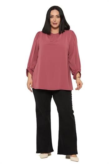 Büyük Beden Yuvarlak Yaka Truvakar Büzgülü Kollu Rahat Kesim Gül Kurusu Bluz