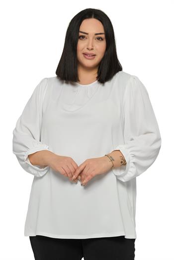 Büyük Beden Yuvarlak Yaka Truvakar Büzgülü Kollu Rahat Kesim Beyaz Bluz