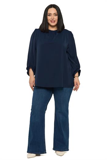 Büyük Beden Yuvarlak Yaka Truvakar Büzgülü Kollu Rahat Kesim Lacivert Bluz