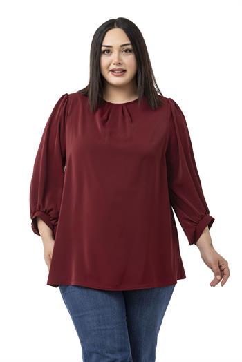 Büyük Beden Yuvarlak Yaka Truvakar Büzgülü Kollu Rahat Kesim Bordo Bluz
