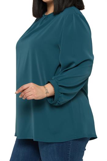 Büyük Beden Yuvarlak Yaka Truvakar Büzgülü Kollu Rahat Kesim Petrol Yeşili Bluz
