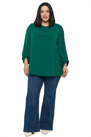 Büyük Beden Yuvarlak Yaka Truvakar Büzgülü Kollu Rahat Kesim Zümrüt Yeşili Bluz