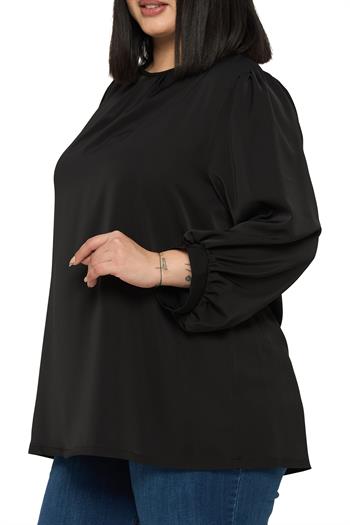 Büyük Beden Yuvarlak Yaka Truvakar Büzgülü Kollu Rahat Kesim Siyah Bluz