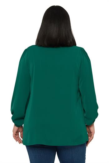 Büyük Beden Yuvarlak Yaka Truvakar Büzgülü Kollu Rahat Kesim Zümrüt Yeşili Bluz