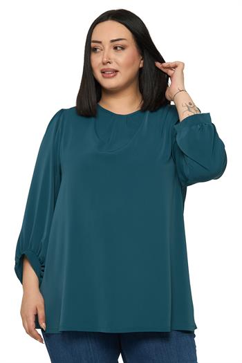 Büyük Beden Yuvarlak Yaka Truvakar Büzgülü Kollu Rahat Kesim Petrol Yeşili Bluz