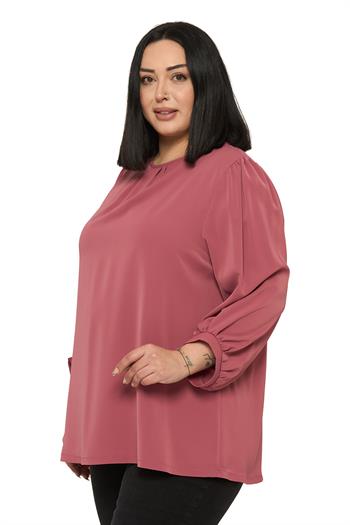 Büyük Beden Yuvarlak Yaka Truvakar Büzgülü Kollu Rahat Kesim Gül Kurusu Bluz