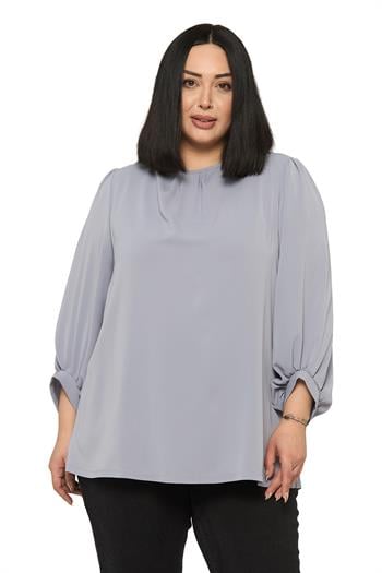 Büyük Beden Yuvarlak Yaka Truvakar Büzgülü Kollu Rahat Kesim Açık Gri Bluz