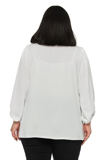 Büyük Beden Yuvarlak Yaka Truvakar Büzgülü Kollu Rahat Kesim Beyaz Bluz