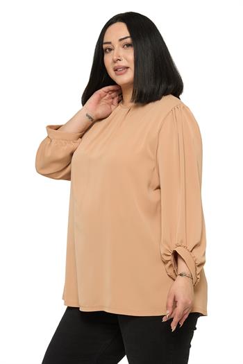 Büyük Beden Yuvarlak Yaka Truvakar Büzgülü Kollu Rahat Kesim Vizon Bluz