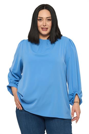 Büyük Beden Yuvarlak Yaka Truvakar Büzgülü Kollu Rahat Kesim İndigo Bluz
