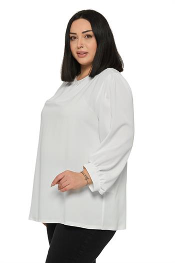 Büyük Beden Yuvarlak Yaka Truvakar Büzgülü Kollu Rahat Kesim Beyaz Bluz
